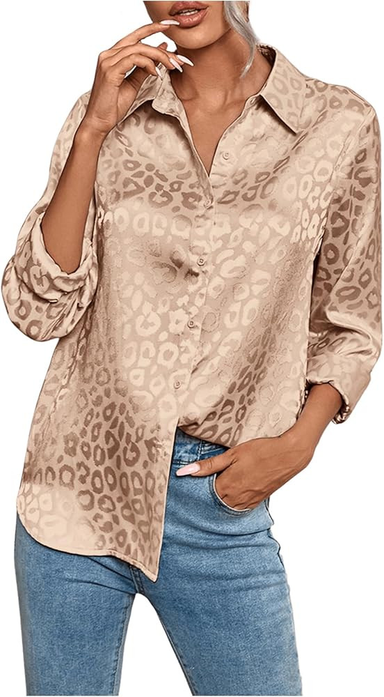 Floerns Women's Elegant Jacquard Long Sleeve Satin Button Down Shirt Blouse | Amazon (US)