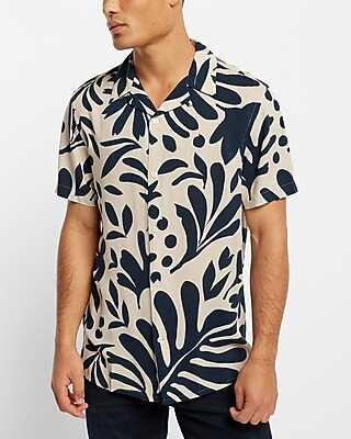 Abstract Leaf Print Rayon Short Sleeve Shirt | Express
