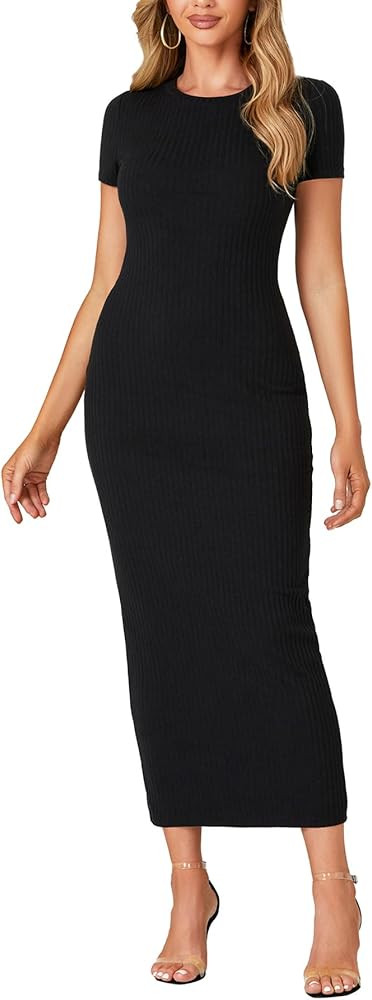 Umenlele Women’s Casual Short Sleeve Ribbed Knit Bodycon Fitted Pencil Long Maxi Dress | Amazon (US)