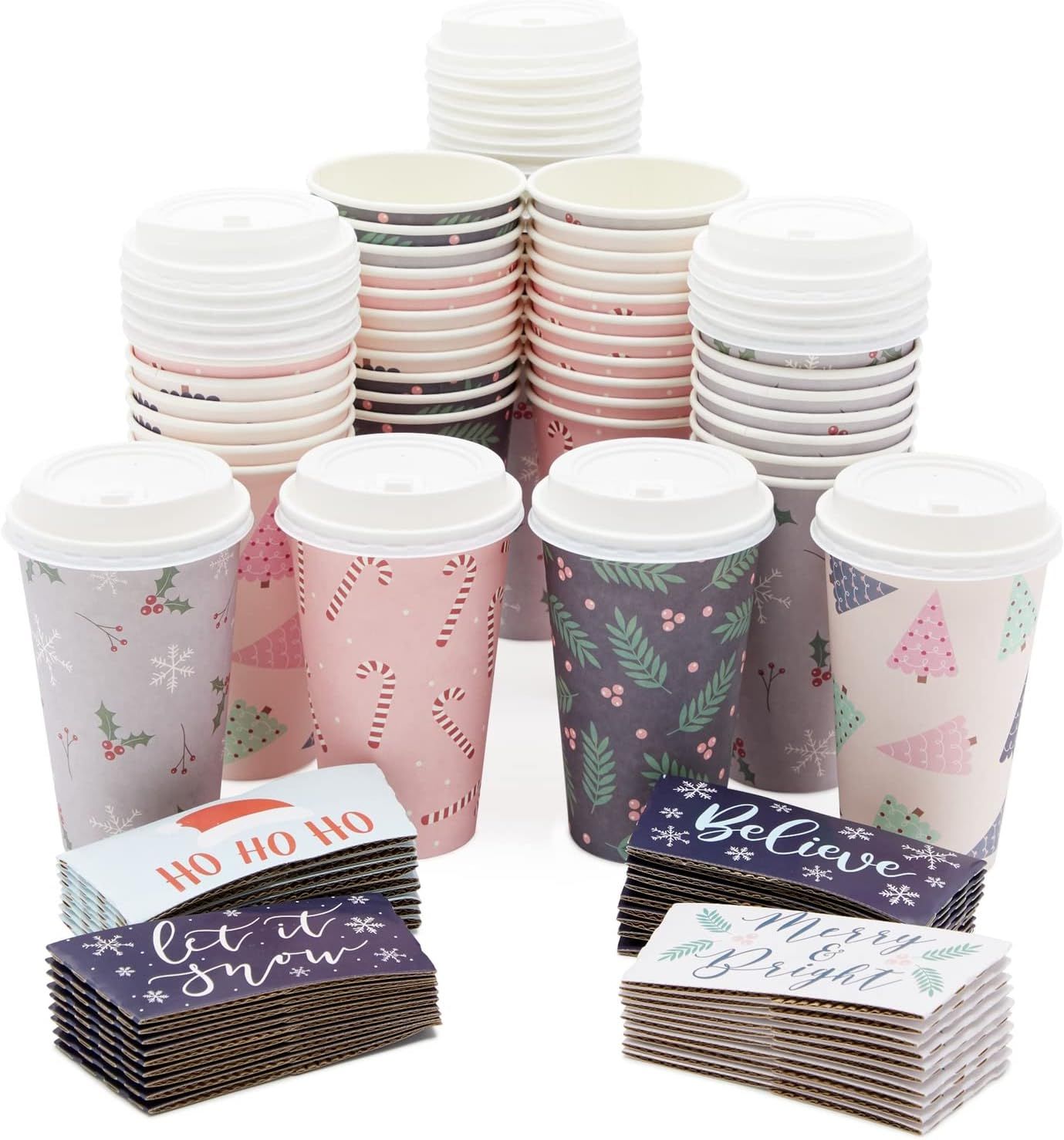 16 oz Disposable Christmas Coffee Cups with Lids and Sleeves, 4 Holiday Designs (48 Pack) | Amazon (US)