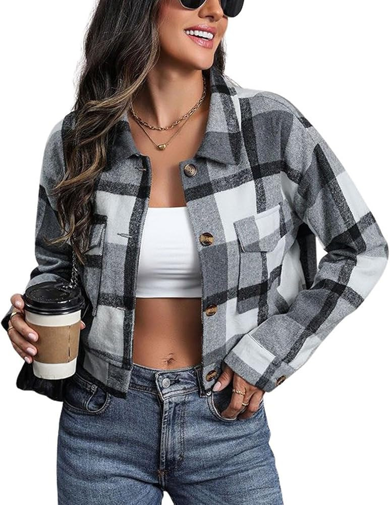 utcoco Womens Cropped Plaid Shacket Jacket Button Down Long Sleeve Flannel Shirts 2024 Fall Coat ... | Amazon (US)