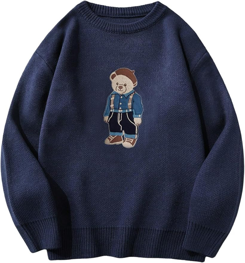 SHENHE Men's Oversized Crew Neck Cute Bear Sweater Vintage Unisex Preppy Graphic Sweater Jumper | Amazon (US)