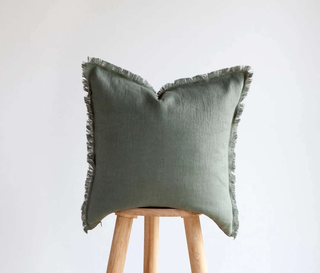 Green fringe PILLOW COVER, linen pillowcase, sage green raw edge cushion cover, custom size pillo... | Etsy (US)
