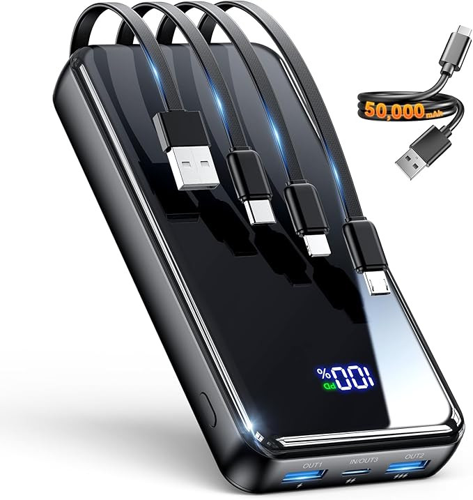 Portable Charger,50000mAh Power Bank Built-in Cable, 22.5W PD USB C In & Out Fast Charging, Exter... | Amazon (US)