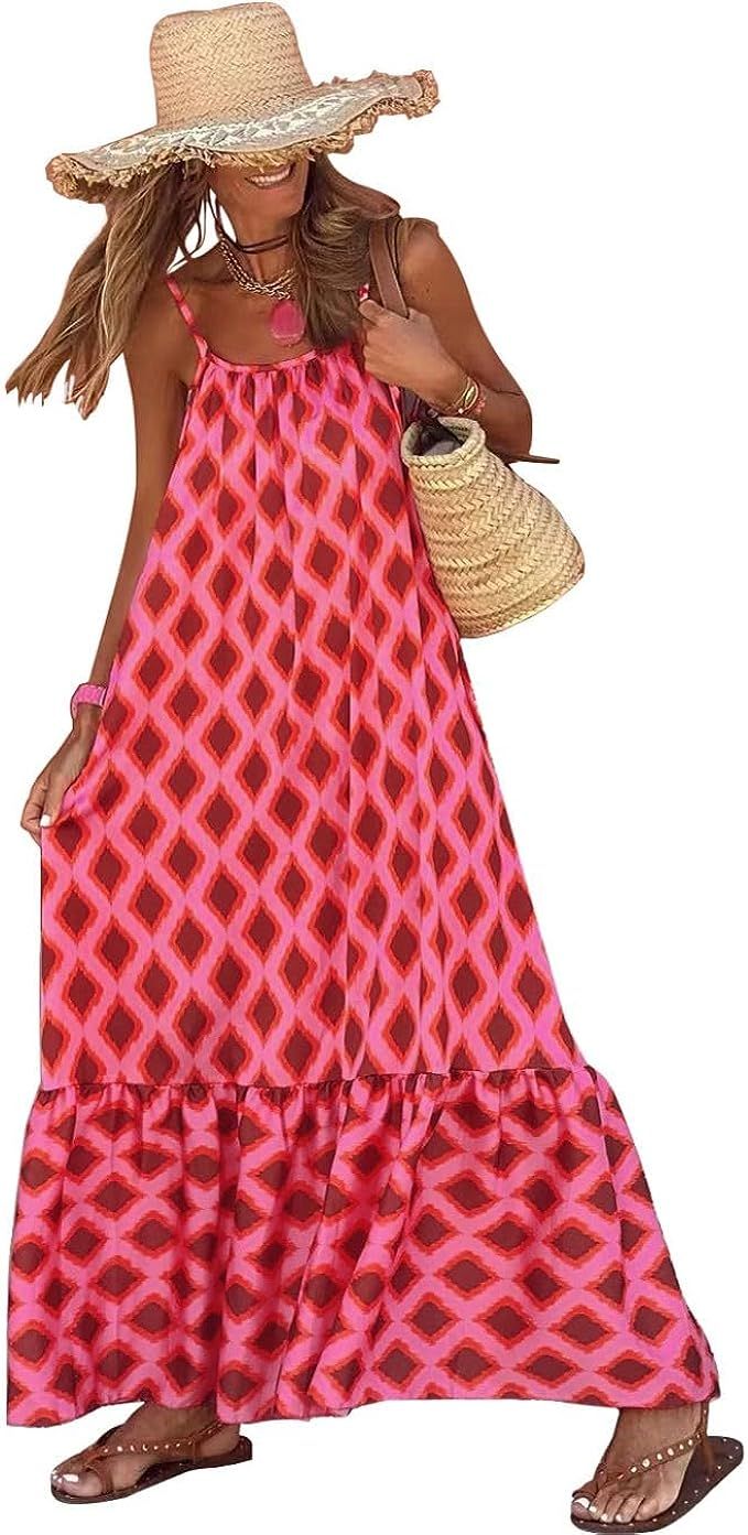 miduo Womens Summer Bohemian Pattern Spaghetti Straps Sleeveless Casual Maxi Long Dresses | Amazon (US)