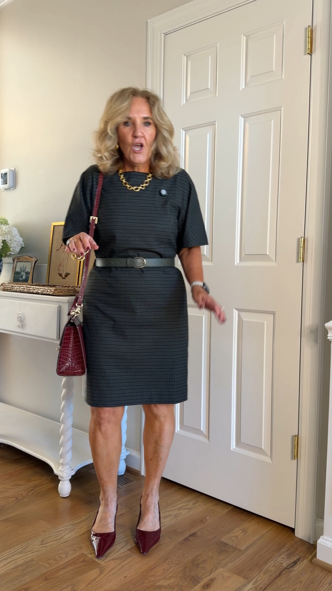 Dress size 8, petite
I size up in these slingbacks 1/2 size

I have layered the bomber jacket that I am linking over it, but a fitted blazer probably won’t work because of the sleeves. The bomber jacket does have a roomier sleeve, so it works fine.

Work dress office dress Tailored  dress fall dress