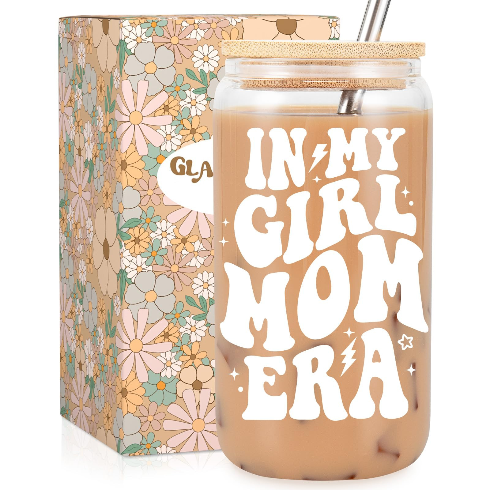 Fairy's Gift New Mom Gifts, Girl Mom Era Iced Coffee Cup, Cute 16 oz Coffee Glass Cups w/Lids Str... | Amazon (US)