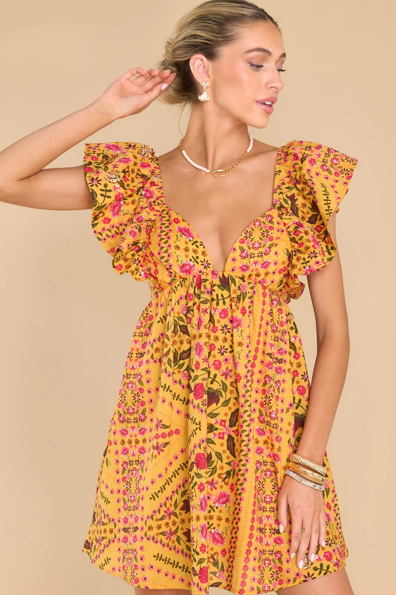 Leave Your Worries Mustard Floral Dress | Red Dress 