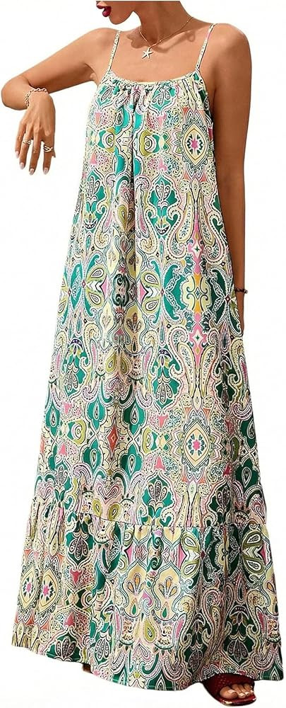 Verdusa Women's Boho Geo A Line Maxi Dresses Backless Summer Flowy Dress Vacation Outfits | Amazon (US)