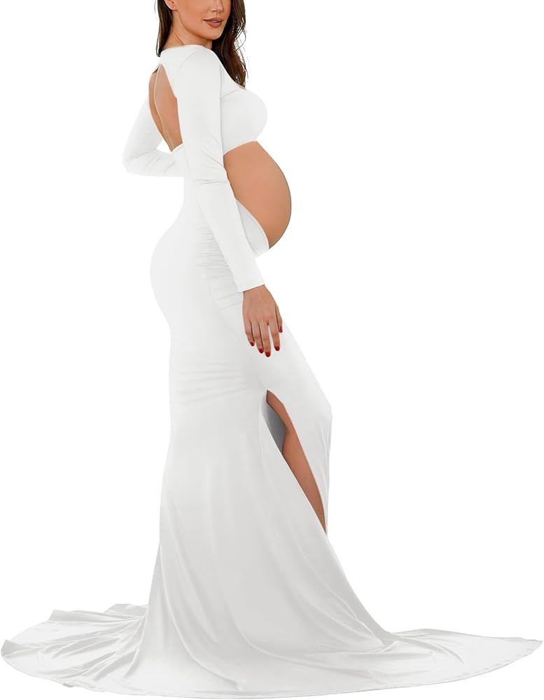 Bhome Maternity Dress for Photoshoot Cut-Out Backless Side Split Maternity Maxi Gown for Photosho... | Amazon (US)