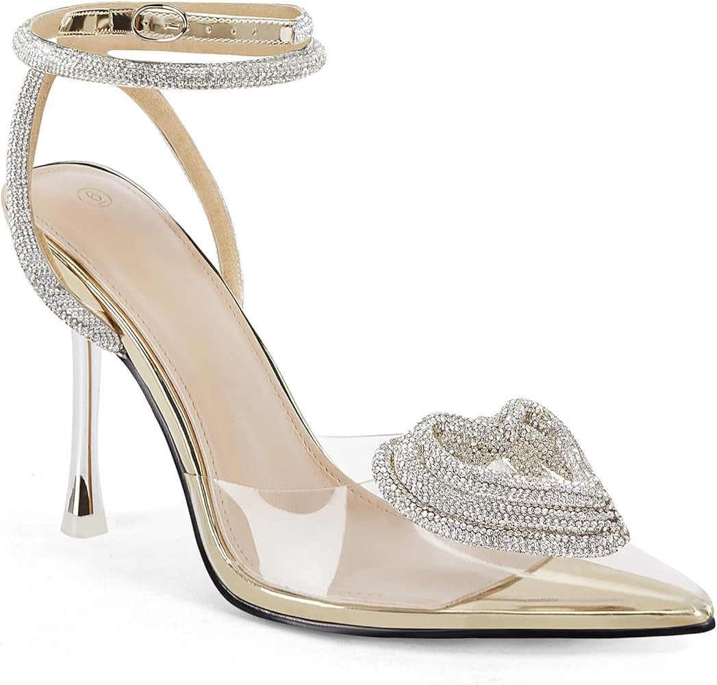 Coutgo Womens Rhinestone High Heels Clear Pointed Closed Toe Strappy Ankle Strap Slingback Bridal... | Amazon (US)