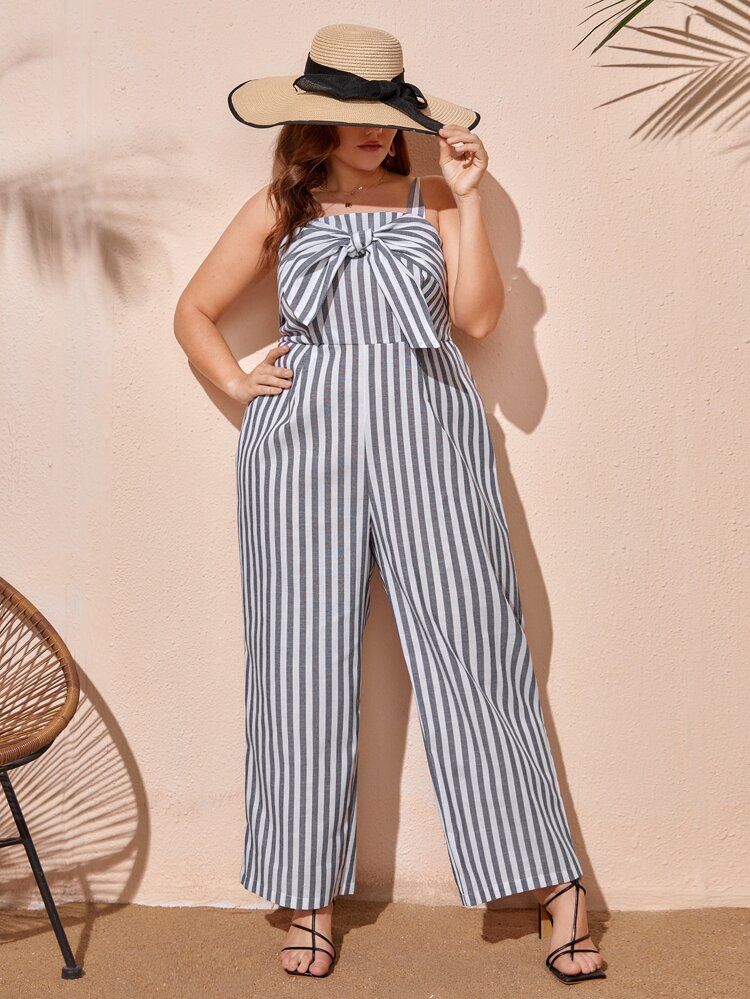 Plus Bow Front Shirred Backless Striped Cami Jumpsuit | SHEIN