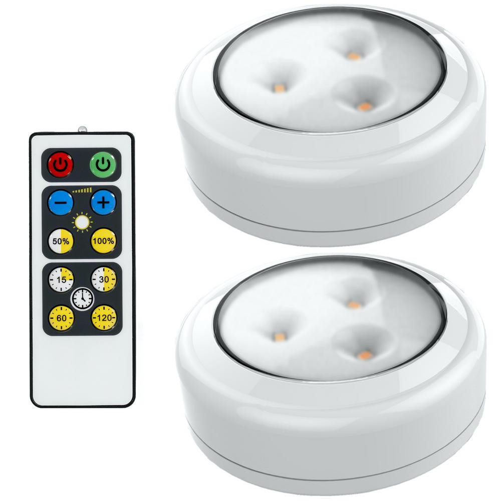 Brilliant Evolution LED White Puck Light With Remote (2-Pack) | The Home Depot