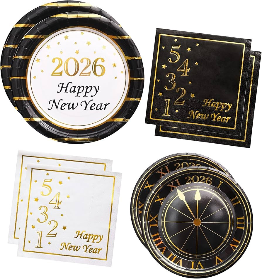 2026 New Year Plates and Napkins Party Supplies - Serves 25 - Happy New Year Eve 9 Inch and 7 Inc... | Amazon (US)