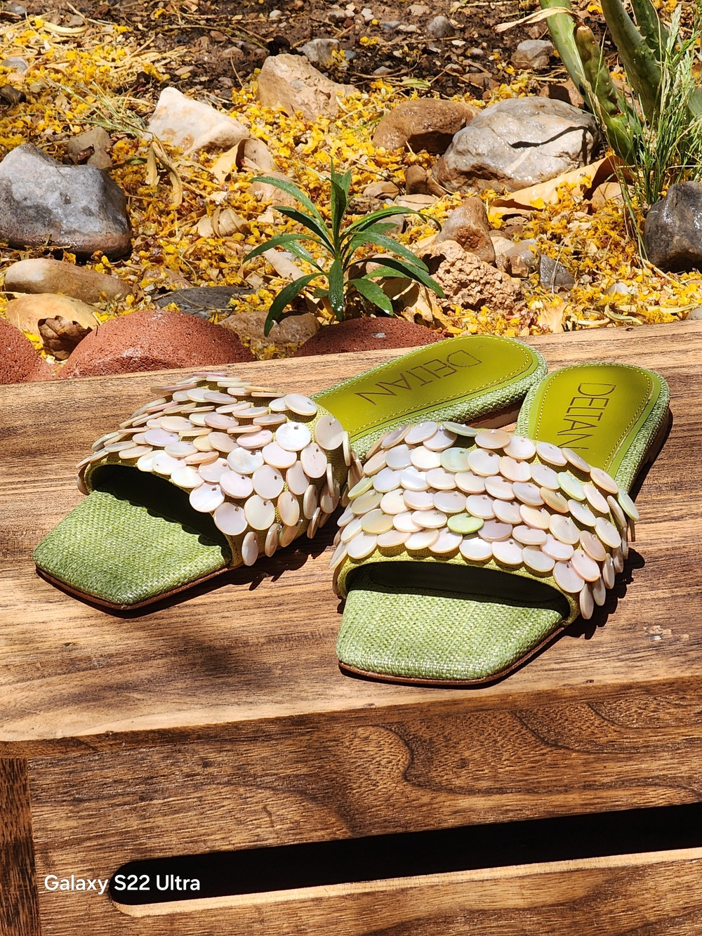 Deltan Women's Flora Linen Pearl Disc Flat Sandals in Sublime Green, Size 6 | Poshmark