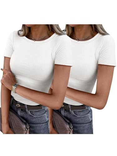 ANRABESS Women Short Sleeve Shirts Rib Knit Slim Fitted Summer Basic Tee Tops 2025 Underwear Outfits Clothes 2 Pack White&White Small | Amazon (US)