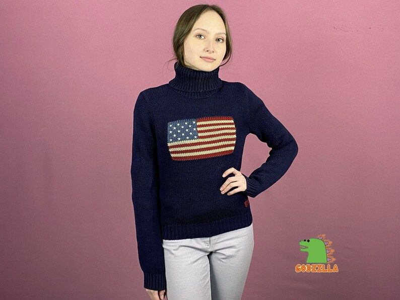 Ralph Lauren Vintage Women's Blue Navy Turtleneck American Flag Size LKnit Sweater Retro USA Flag... | Etsy (US)
