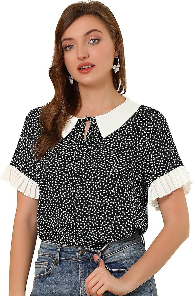 Allegra K Women's Contrast Doll Collar Polka Dots Tops Short Sleeves Blouse | Amazon (US)