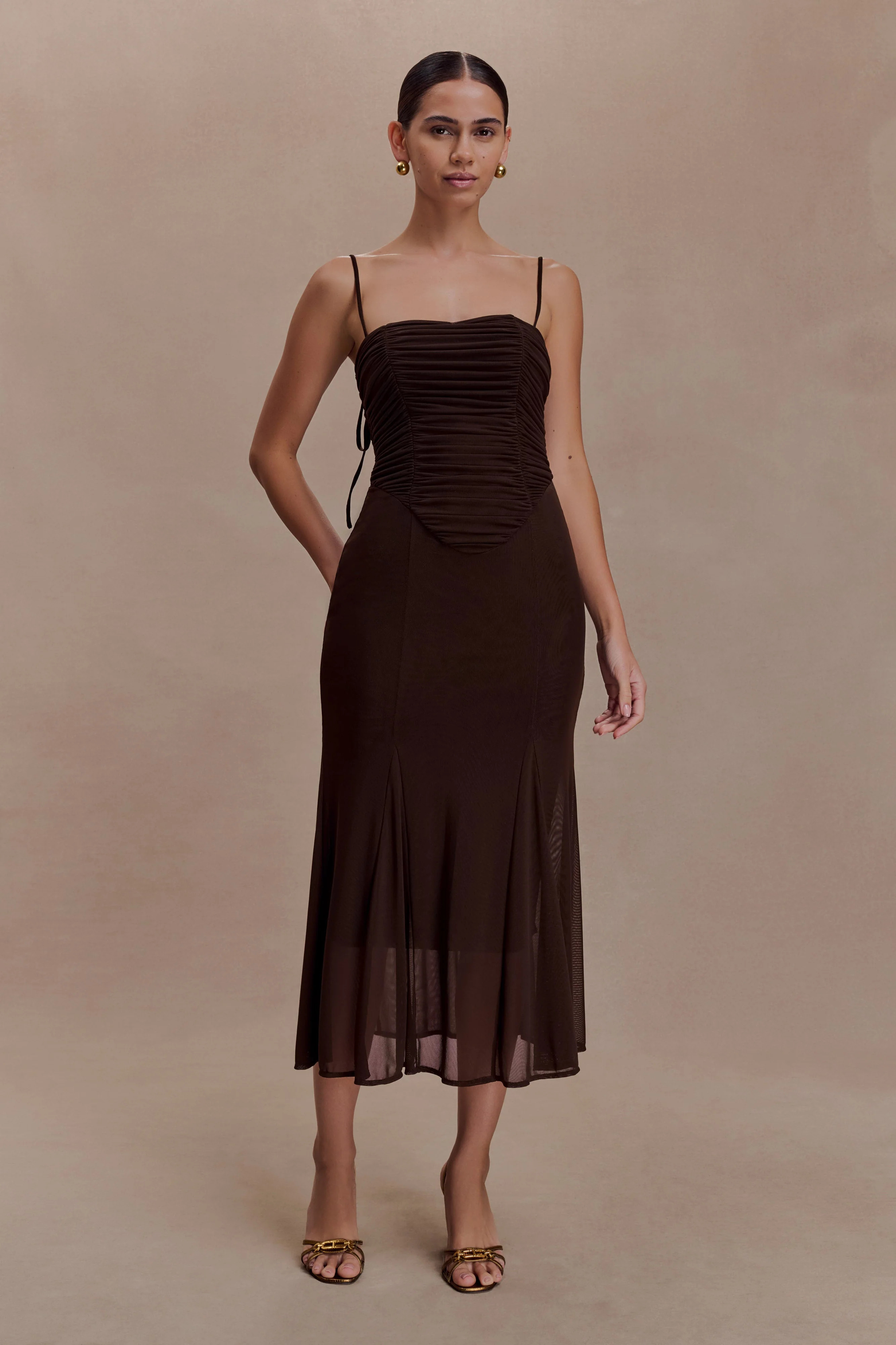 Willa Gathered Mesh Midi Dress - Chocolate | MESHKI US