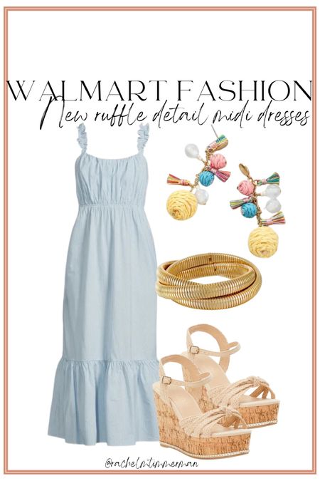 How cute is this new Walmart midi dress! It comes in four colors. I especially love this chambray. The earrings, bracelet, and sandals are all Walmart as well. 

Walmart fashion. Walmart new arrivals. Midi dress. LTK under 50. 