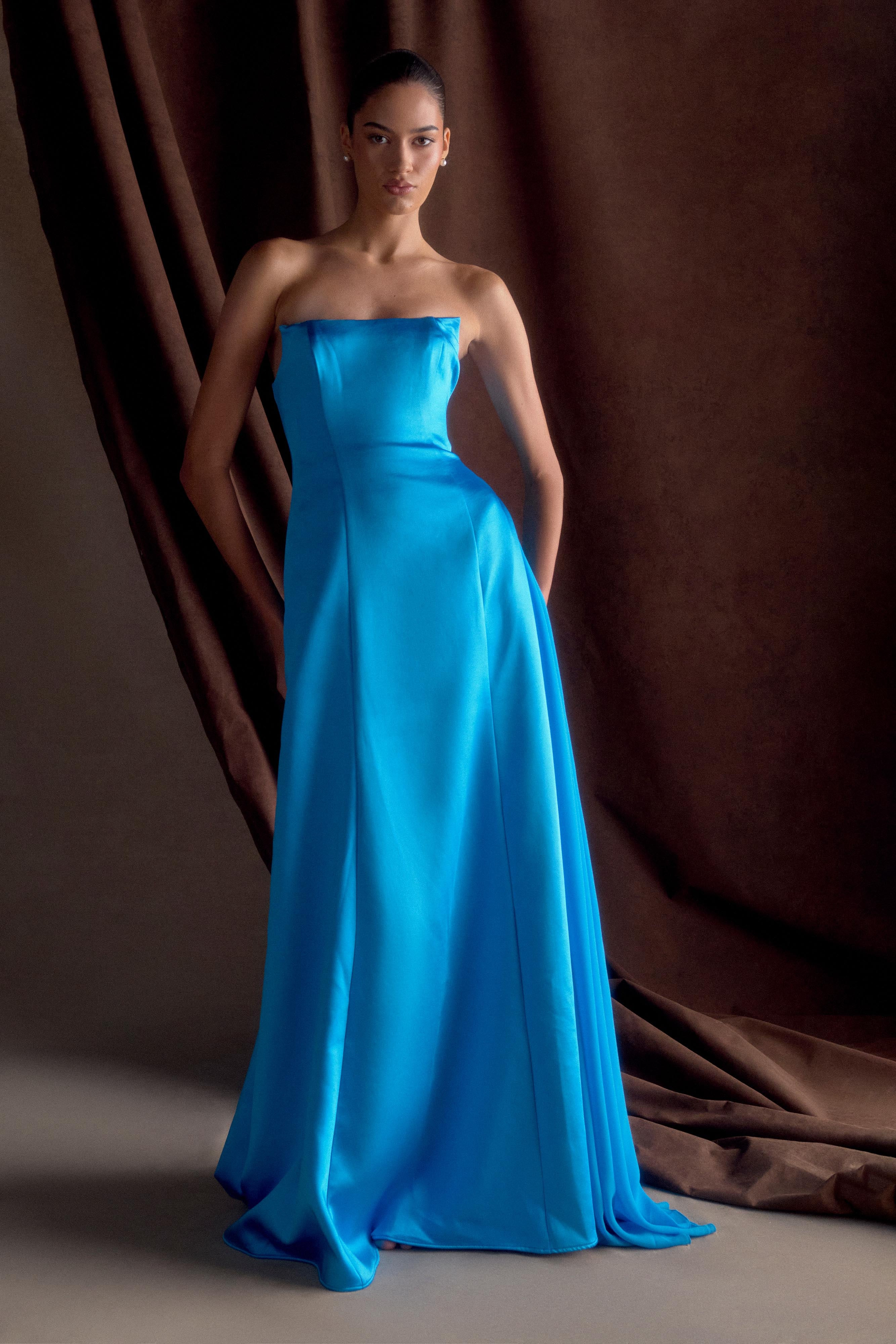 Rosella Satin Strapless Maxi Dress - Cyan Blue | MESHKI US