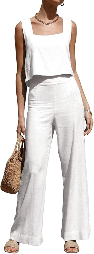 ROYLAMP Women's Summer 2 Piece Outfits Sleeveless Square Neck Tops Wide Leg Pants set Jumpsuit wi... | Amazon (US)