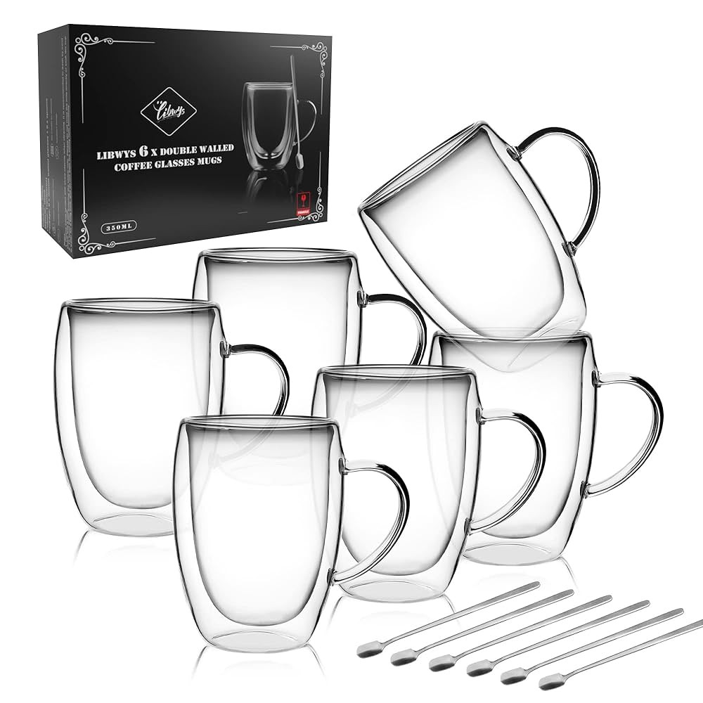 LIBWYS 6 Pack Double Walled Coffee Cups Glasses Mugs, 12oz Espresso Cappuccino Latte Tea Cups wit... | Amazon (US)