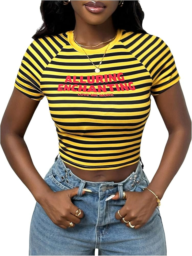 SOLY HUX Women's Striped Graphic Cropped T Shirts Y2k Short Sleeve Fitted Tee Tops | Amazon (US)
