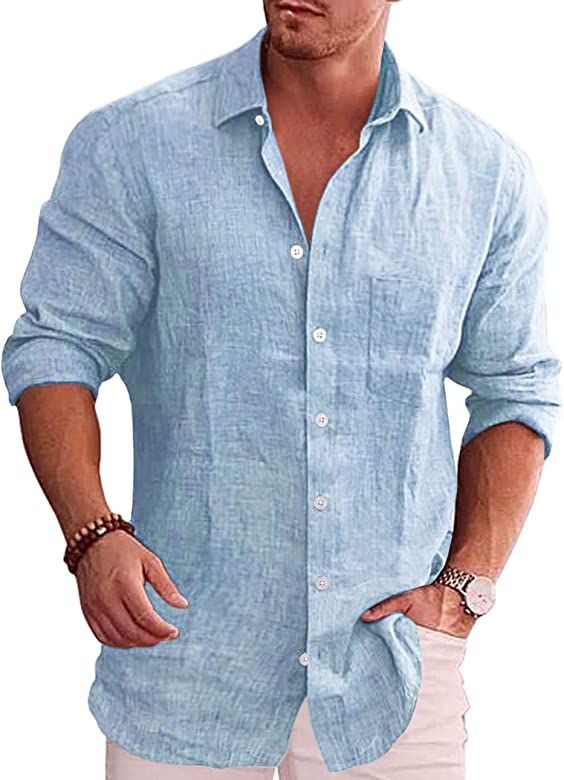 COOFANDY Men's Casual Button Down Shirt Long Sleeve Linen Chambray Shirt | Amazon (US)