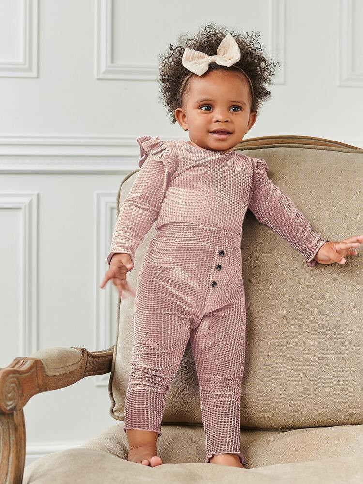 Baby Velvet Ruffle Lettuce Trim Top With Pants | SHEIN