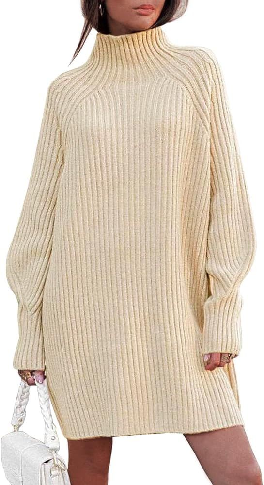 LILLUSORY Women's Mock Turtleneck Long Lantern Sleeve Oversized Sweater Dress 2023 Fall Loose Cas... | Amazon (US)