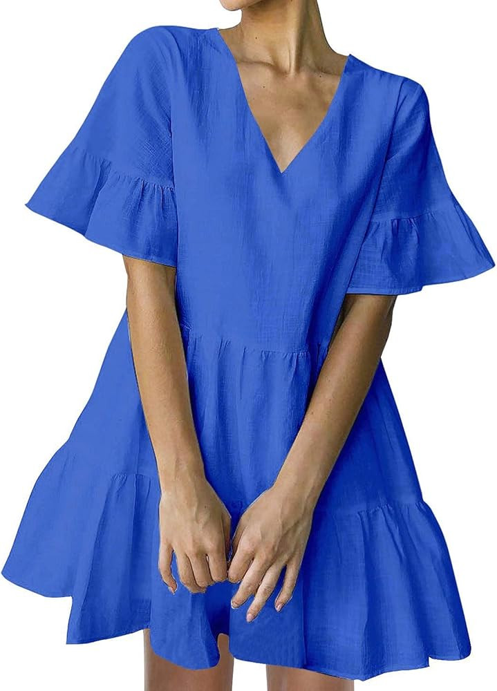 FANCYINN Women’s Cute Shift Dress with Pockets Bell Sleeve Ruffle Hem V Neck Loose Swing Tunic ... | Amazon (US)