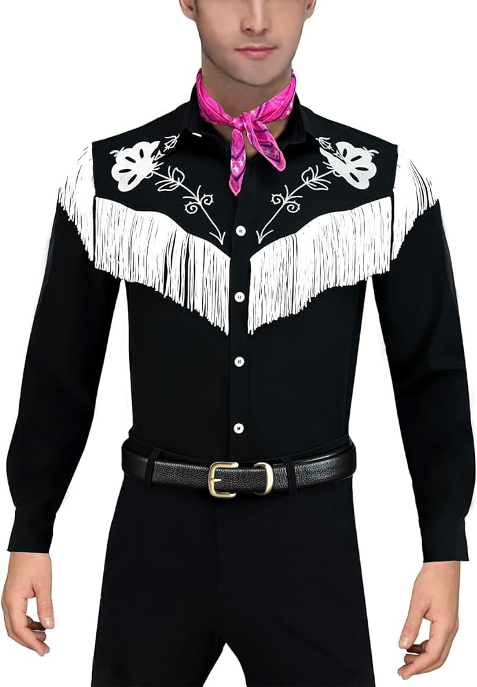 Naywig Cowboy Costume with Scarf Western Long Sleeve Fringe Shirt Halloween Cosplay for Mens Boys | Amazon (US)