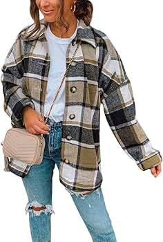 RAMOUG Women Plaid Flannel Lapel Jacket Shirt Shacket Loose Button Down Cardigan | Amazon (CA)