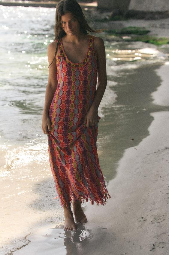 LONG FRINGED KNIT DRESS | Zara US