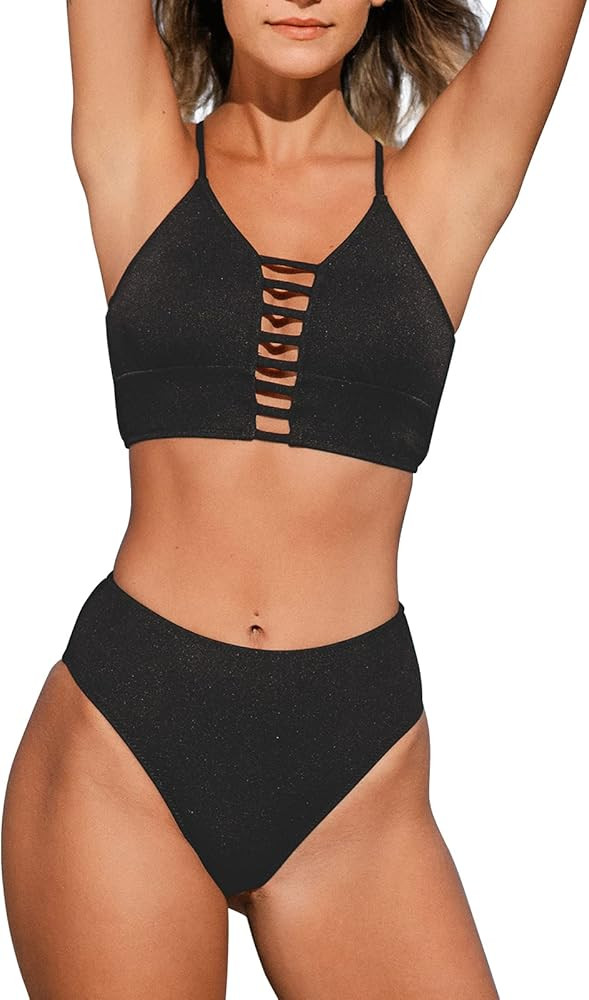 CUPSHE Women’s Bikini Swimsuit Floral Print Lace Up Multi Color Strappy Two Piece Bathing Suit | Amazon (US)