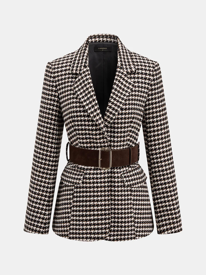 Wide Belt Houndstooth Blazer | Commense
