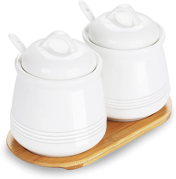 HAOTOP Ceramic Sugar Bowl 2 Pack, PorcelainJar with Tray, Spoon and Lid for Sugar, Pepper, Coffee... | Amazon (US)