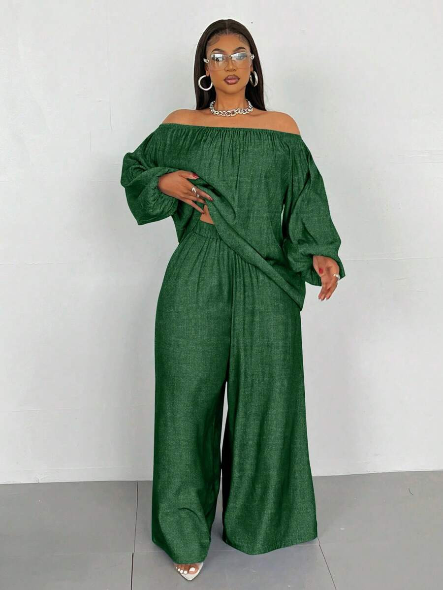 Maweii Plus Size Casual Solid Color Off-Shoulder Lantern Sleeve Shirt And Pants 2 Pieces Set Fall... | SHEIN