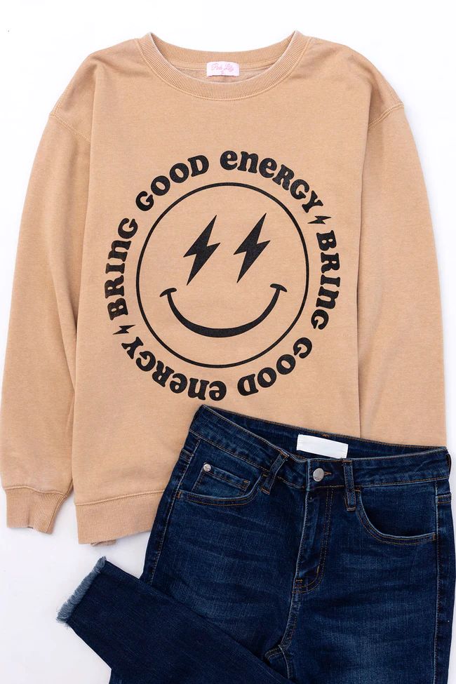 Bring Good Energy Gold Graphic Sweatshirt | The Pink Lily Boutique