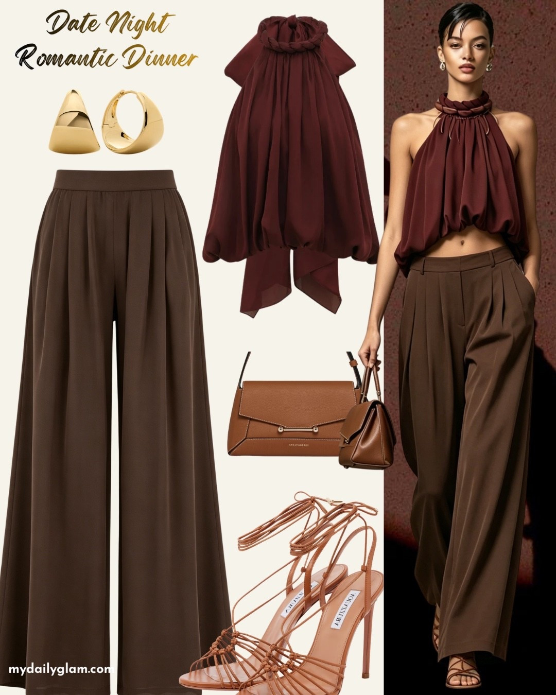 Chocolate & Burgundy Date Night Romantic Dinner Outfit #ChocolateBrownDateNight #RomanticDinnerOutfit #BurgundyAndChocolateStyle #DateNightFashion #WideLegPantsOutfit