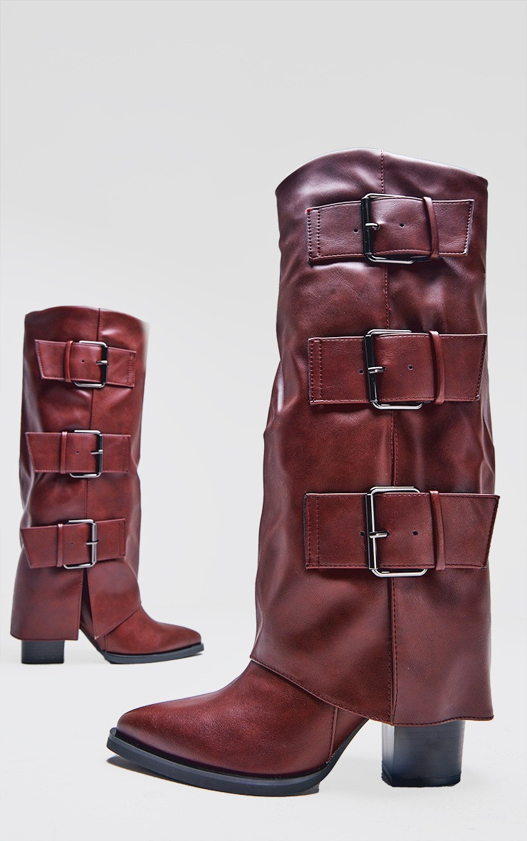 Burgundy Pu Point Toe Fold Over Triple Buckle Low Heeled Knee High Boots | PrettyLittleThing UK