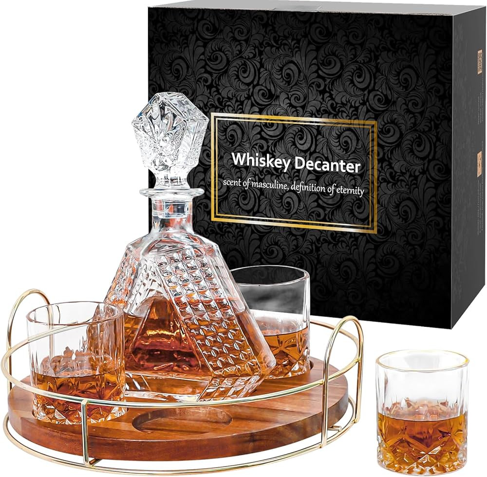 Whiskey Decanter Set with Rotating Wooden Tray, Whiskey Glasses Set of 4 and Decanter with Stoppe... | Amazon (US)