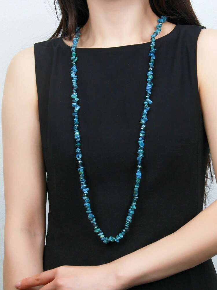 1pc Bohemian Vacation Style Blue Turquoise Crystal Beaded Long Necklace For Women
       
       ... | SHEIN