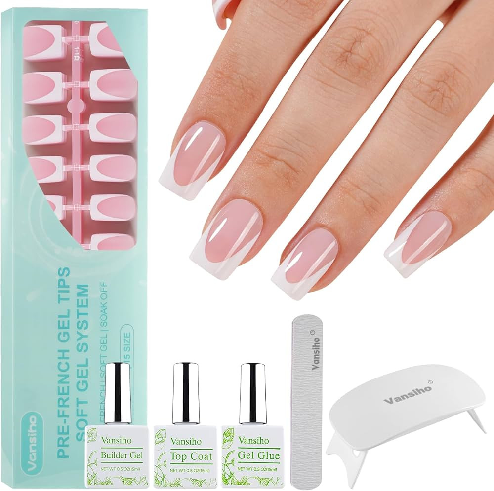 Vansiho Pink Deep French Gel Nails Kit - Short Square French Tip Press on Nails Kit, Nail Gel and... | Amazon (US)