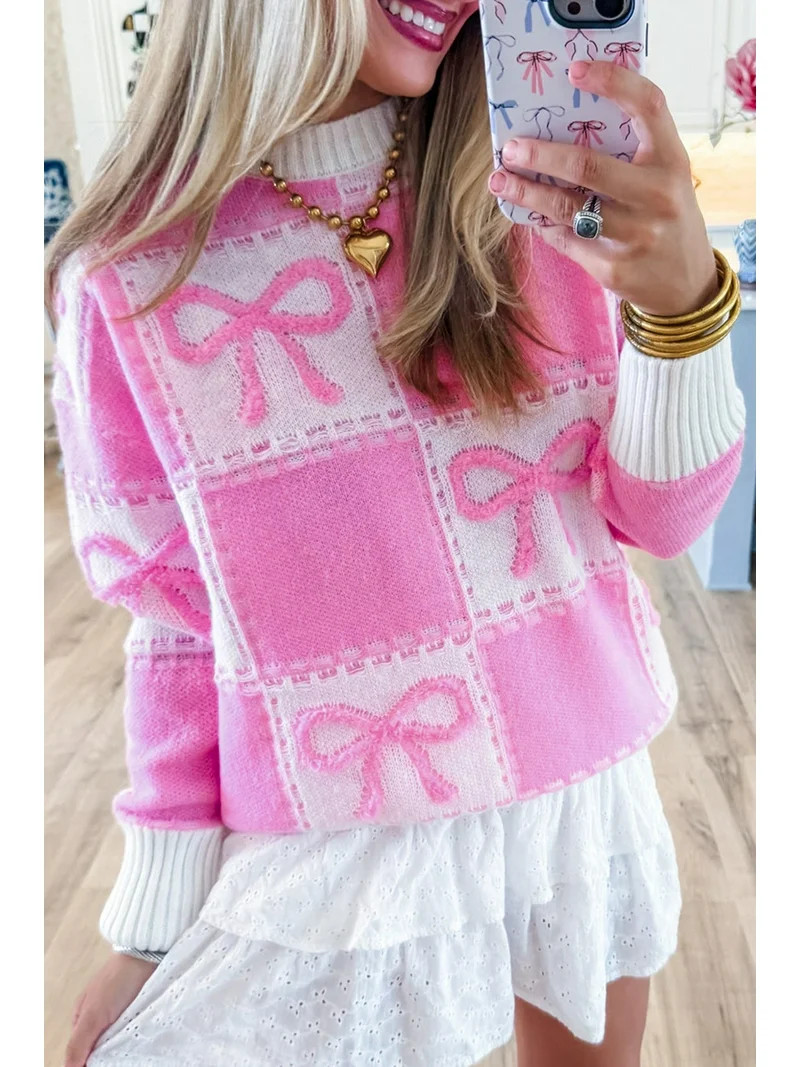 Redhotype Chic Plaid Sweater: Playful Pink Bow-Knot, Women's Style! | Walmart (US)