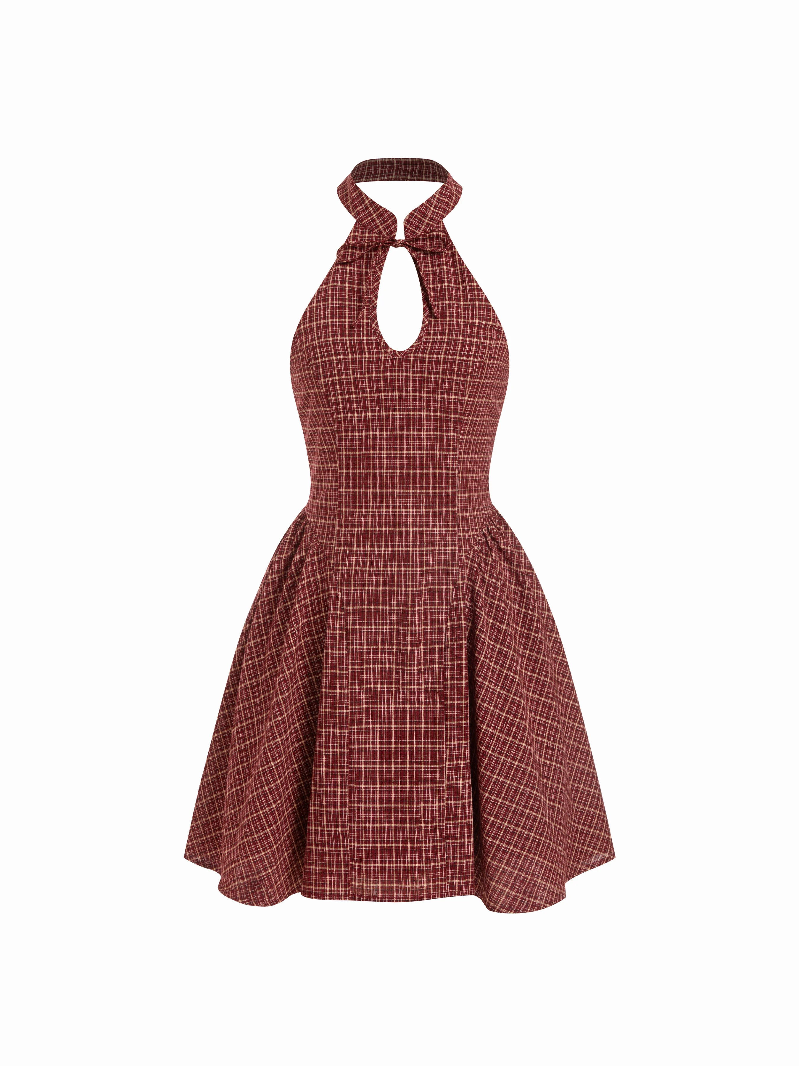 Cotton Plaid Halter Neckline Cut Out Bowknot Flared Mini Dress | Cider