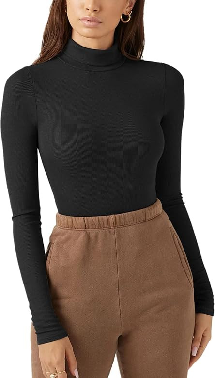 REORIA Women's Fall Fashion Mock Turtle Neck Long Sleeve Ribbed Slimming Tops Bodysuit Jumpsuit | Amazon (US)