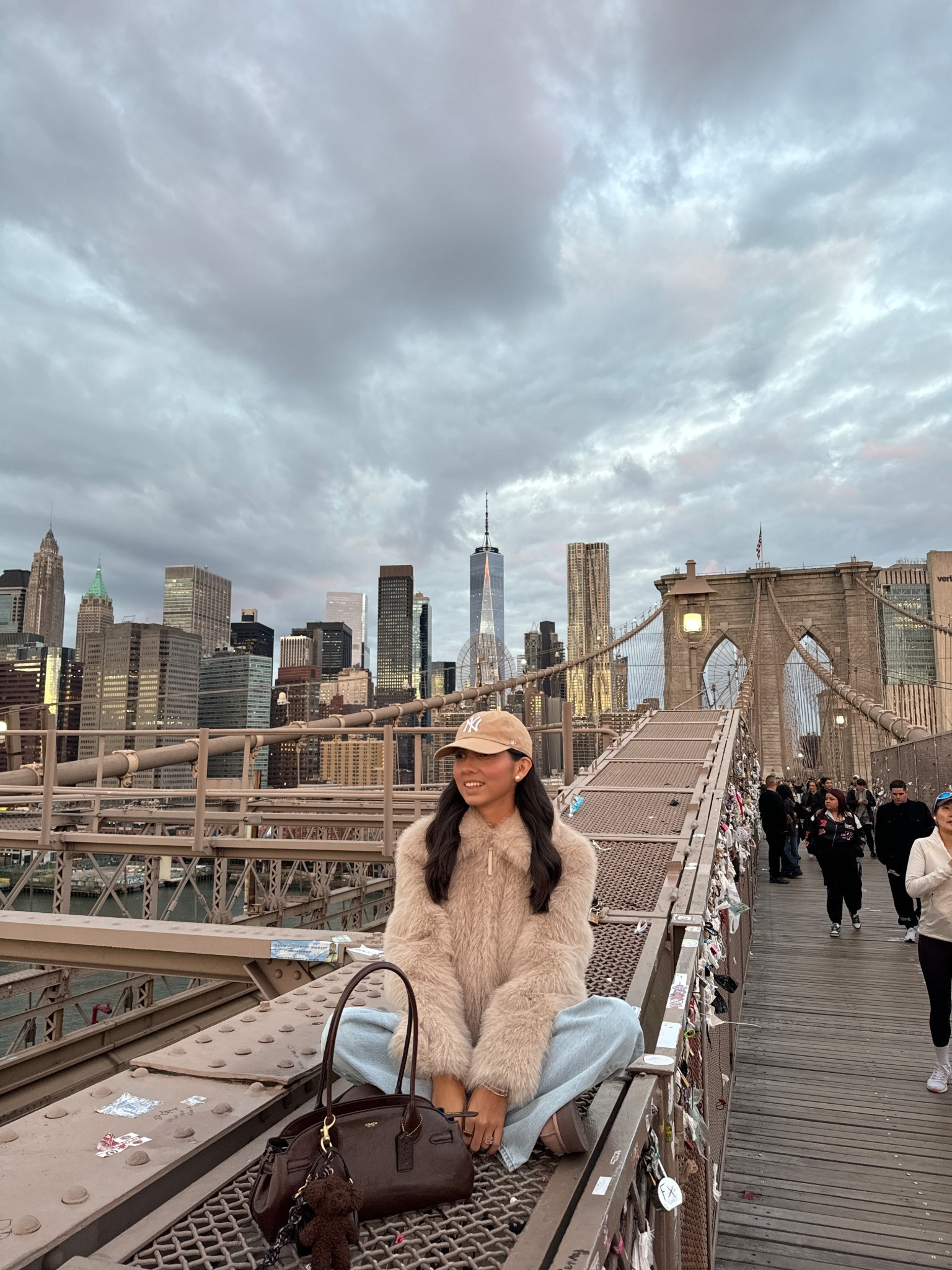 winter outfit, nyc outfit, fur jacket, jeans, coach bag, winter casual outfit, uggs outfitt