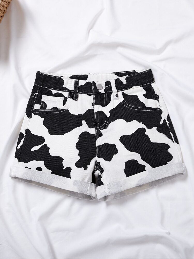 Girls Cow Print Denim Shorts | SHEIN